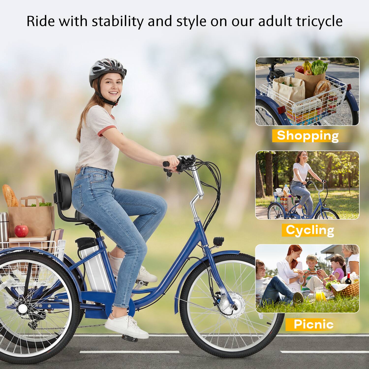 Ride with stability and style on our adult tricycle

Shopping  
Cycling  
Picnic