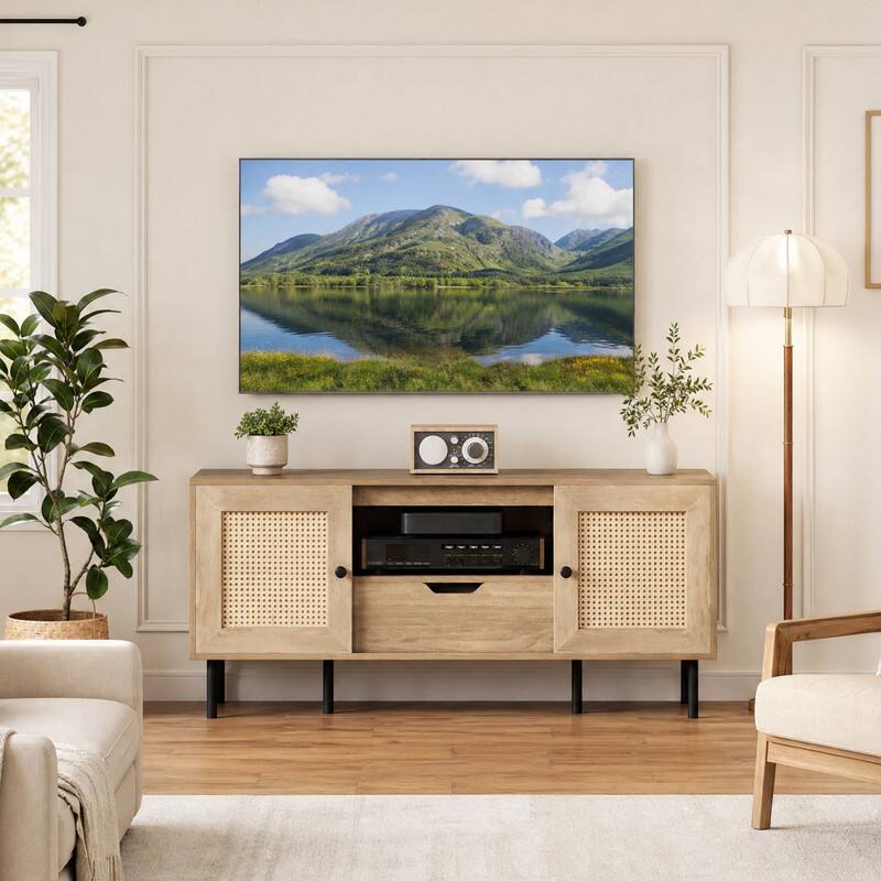 Angle. WELLFOR - Rattan TV Stand for 60" with Cabinets & Drawer, Entertainment Center Media Console Table - Natural.