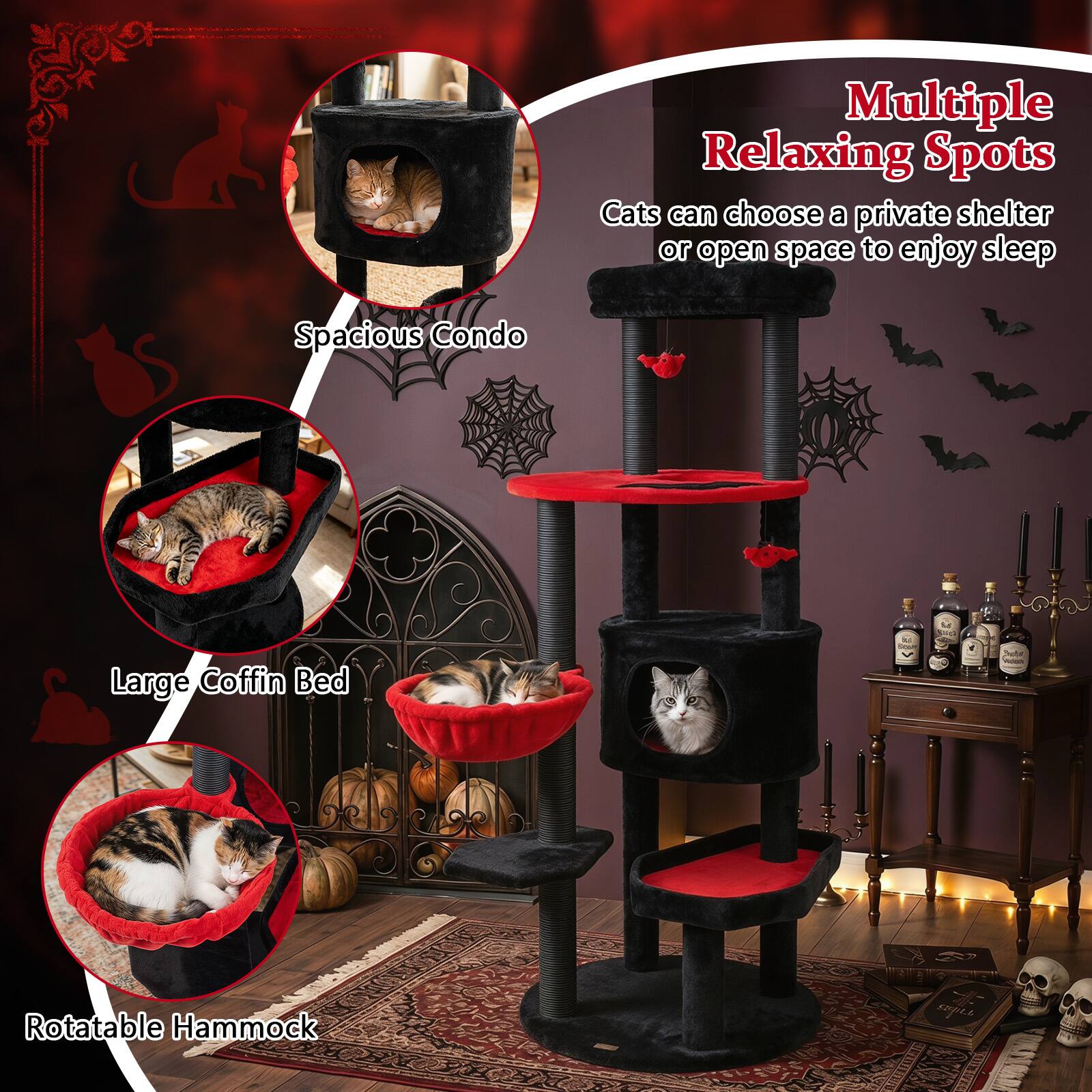Multiple Relaxing Spots  
Cats can choose a private shelter or open space to enjoy sleep  
Spacious Condo  
Large Coffin Bed  
Rotatable Hammock
