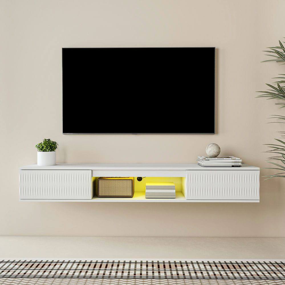 Alt View 6. Kadyn - Wall-Mounted Floating TV Stand with LED Lighting and Twisted Texture Design - White - White.