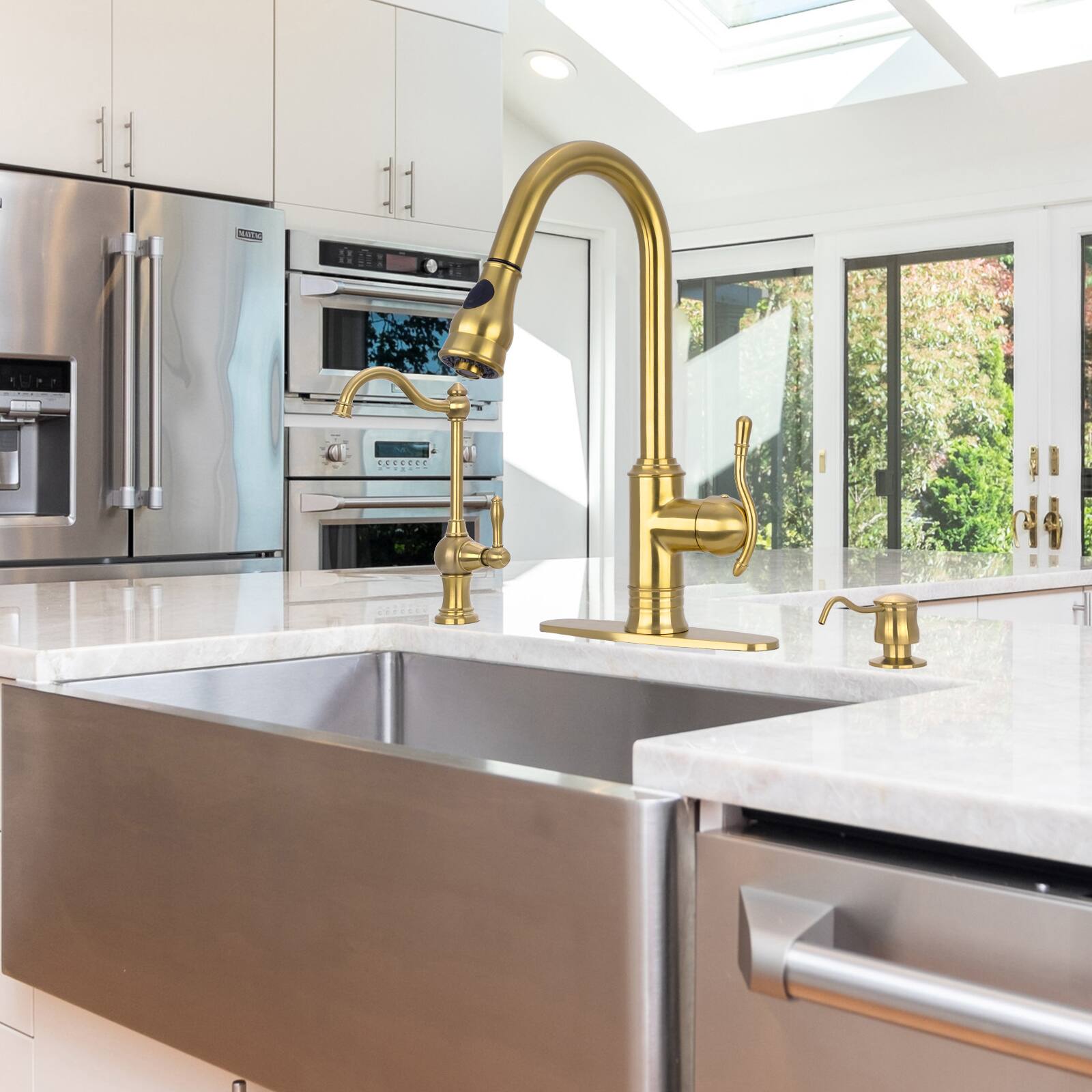 Alt View 5. Akicon - Akicon Solid Brass Single Handle Kitchen Faucet with Pull Down Sprayer in Brushed Gold - Brushed Gold.