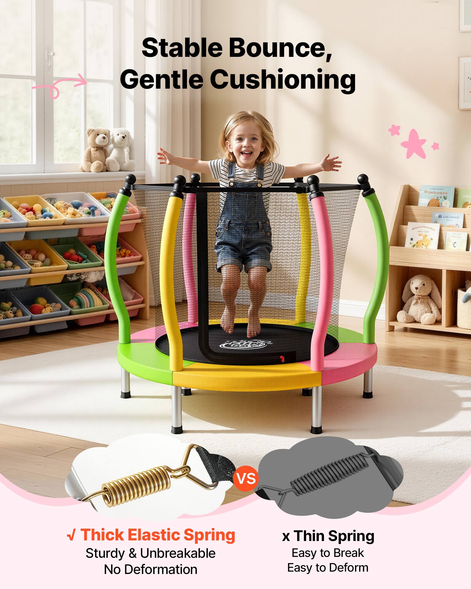 Stable Bounce, Gentle Cushioning

C CHAO

Thick Elastic Spring
Sturdy & Unbreakable
No Deformation

VS

Thin Spring
Easy to Break
Easy to Deform