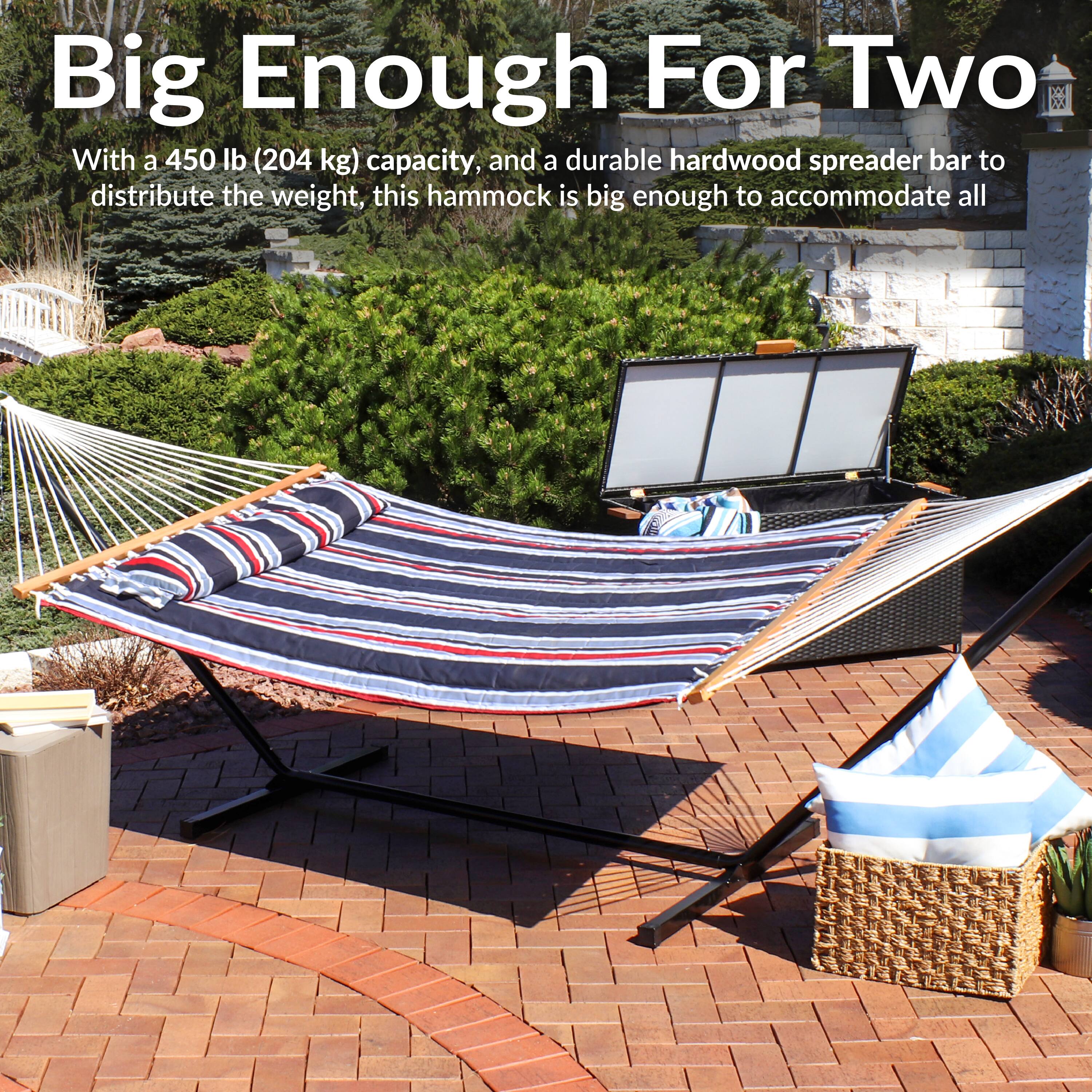 Big Enough For Two

With a 450 lb (204 kg) capacity, and a durable hardwood spreader bar to distribute the weight, this hammock is big enough to accommodate all.