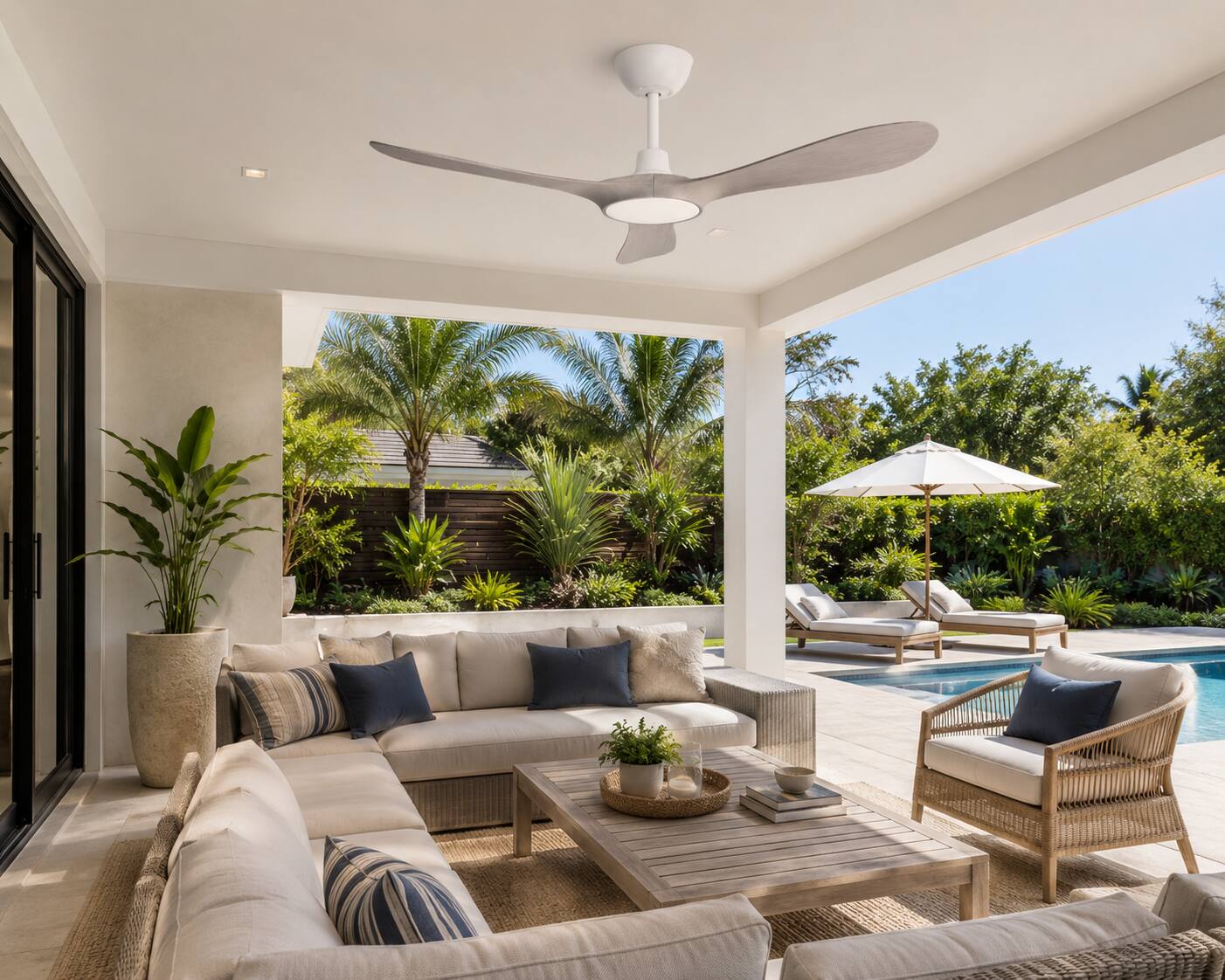Back. ENLIGHT - 60" Smart Ceiling Fan, IP66 Outdoor/Coastal, Weather Resist, Efficient, Quiet DC Motor, Reverse Mode, Matter, 3 Blades - White Oak Woodgrain.