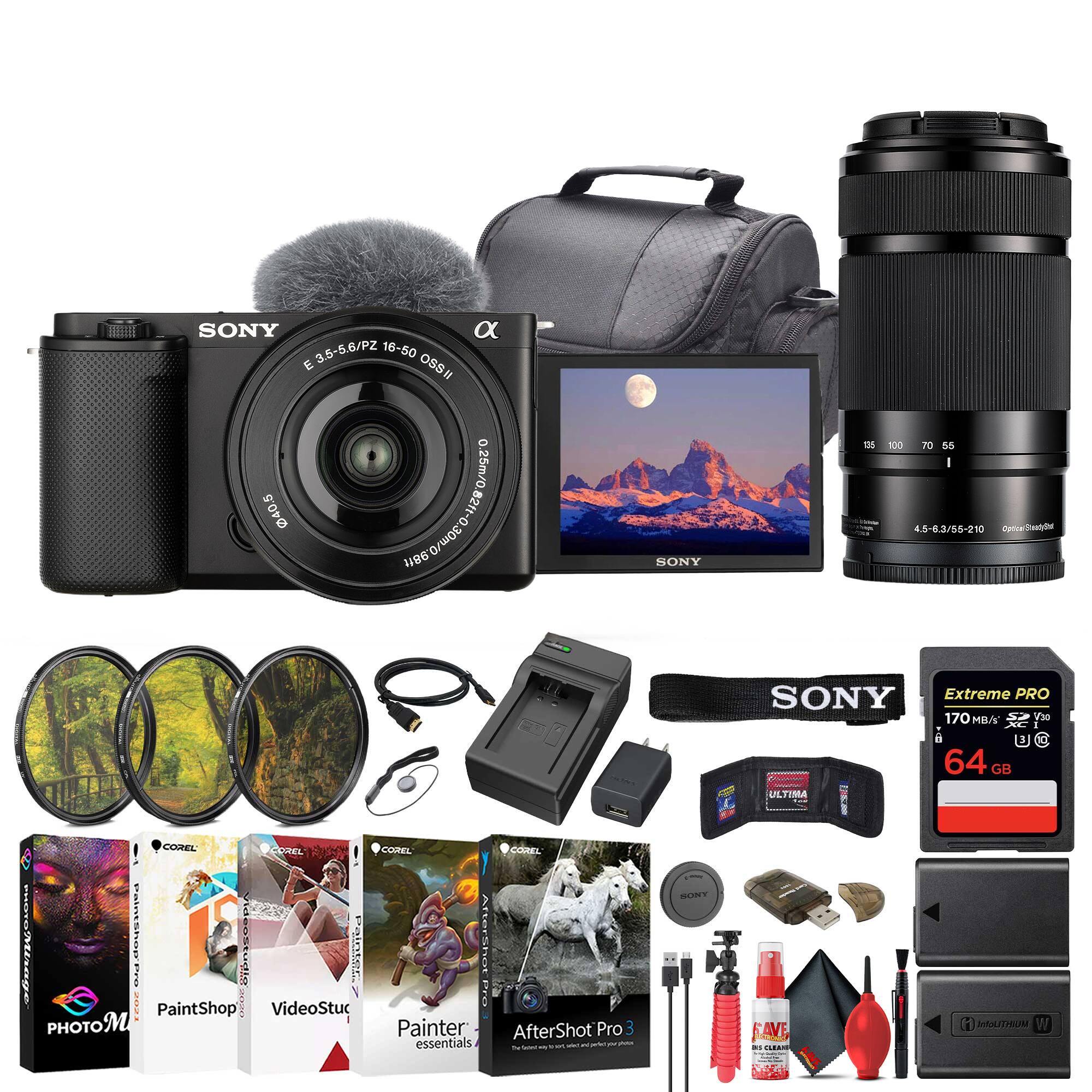 Sony - ZV-E10 II Mirrorless Camera with 16-50mm II Lens Black Bundle + 64GB Card + Filter + 55-210mm Telephoto Lens + More