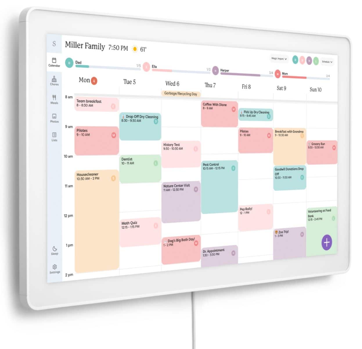 Miller Family Calendar:
Monday:
* 7:50 PM: Dad's Coloring Class
* 8:50 AM: Team breakfast
* 9:30 AM: Pilates
Tuesday:
* 8:50 AM: Lists History
* 10:30 AM: Grocery Bar
Wednesday:
* 8:50 AM: Housecleaner
* 10:30 AM: Pest Control
Thursday:
* 8:50 AM: Coffee with Dione
* 10:30 AM: Dentist
Friday:
* 8:50 AM: Sheep Quiz
* 10:30 AM: Dog's Big Bath Day!
Saturday:
* 12:10 PM: Volunteering at Food Bank
Sunday:
* 2:00 PM: Settings
Note: The image shows a calendar with various events and activities scheduled throughout the week.
