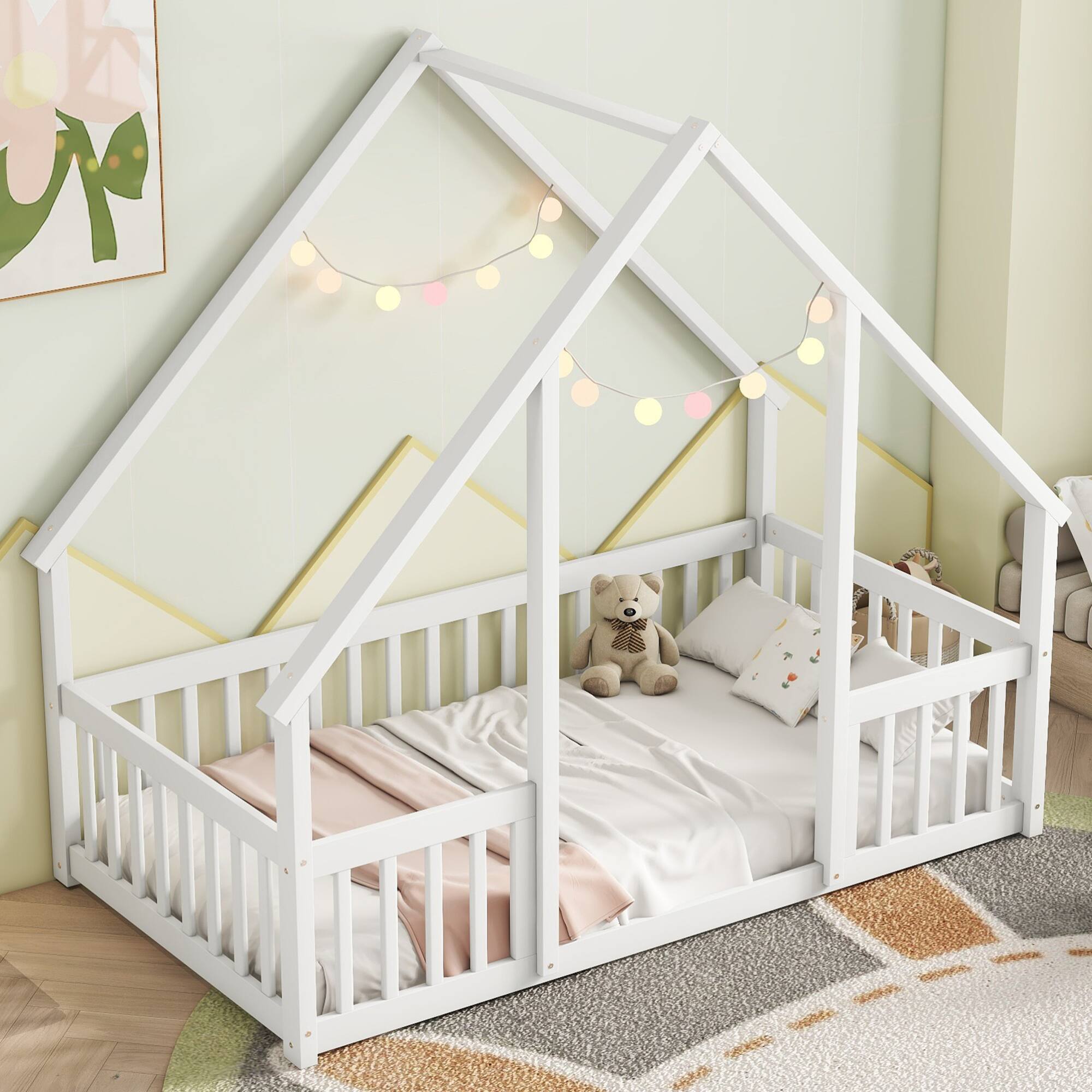 Alt View 5. GOODSILO - House-Shaped Twin Floor Bed with Safety Fence and Guardrails for Children's Playful Sleep Space - White.