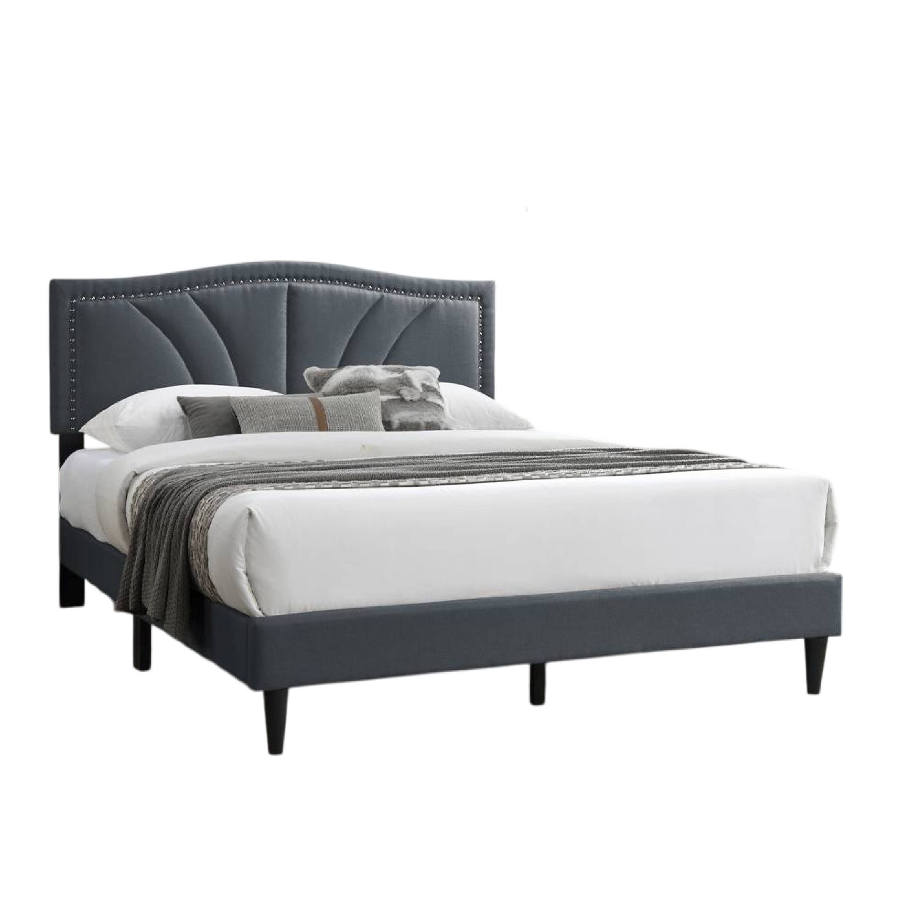Alt View 2. Manhattan Lane - Reo Queen Size Bed, Charcoal Gray Burlap Upholstered Curved Headboard - Charcoal Gray, Black.