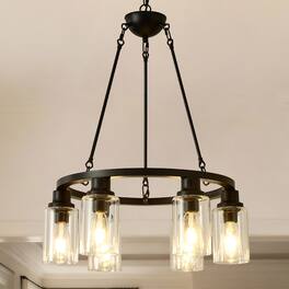 Loheer - Six Light Wagon Wheel Chandelier Matte Black Farmhouse Ceiling Light with Seeded Glass and E26 Sockets