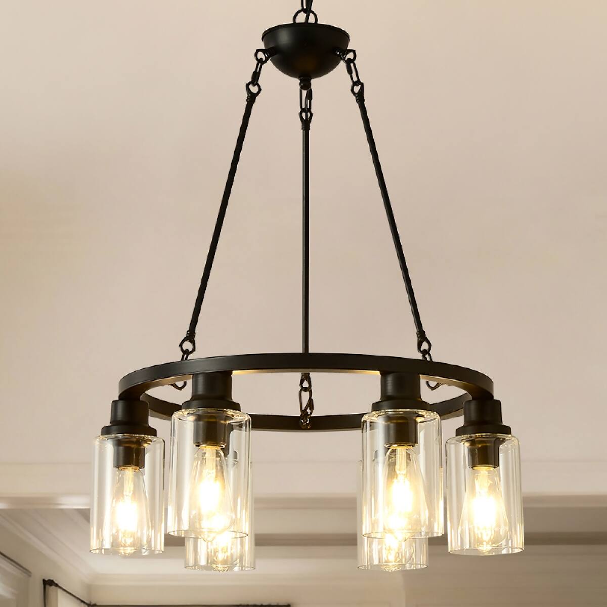 Front. Loheer - Loheer Six Light Wagon Wheel Chandelier Matte Black Farmhouse Ceiling Light with Seeded Glass and E26 Sockets.