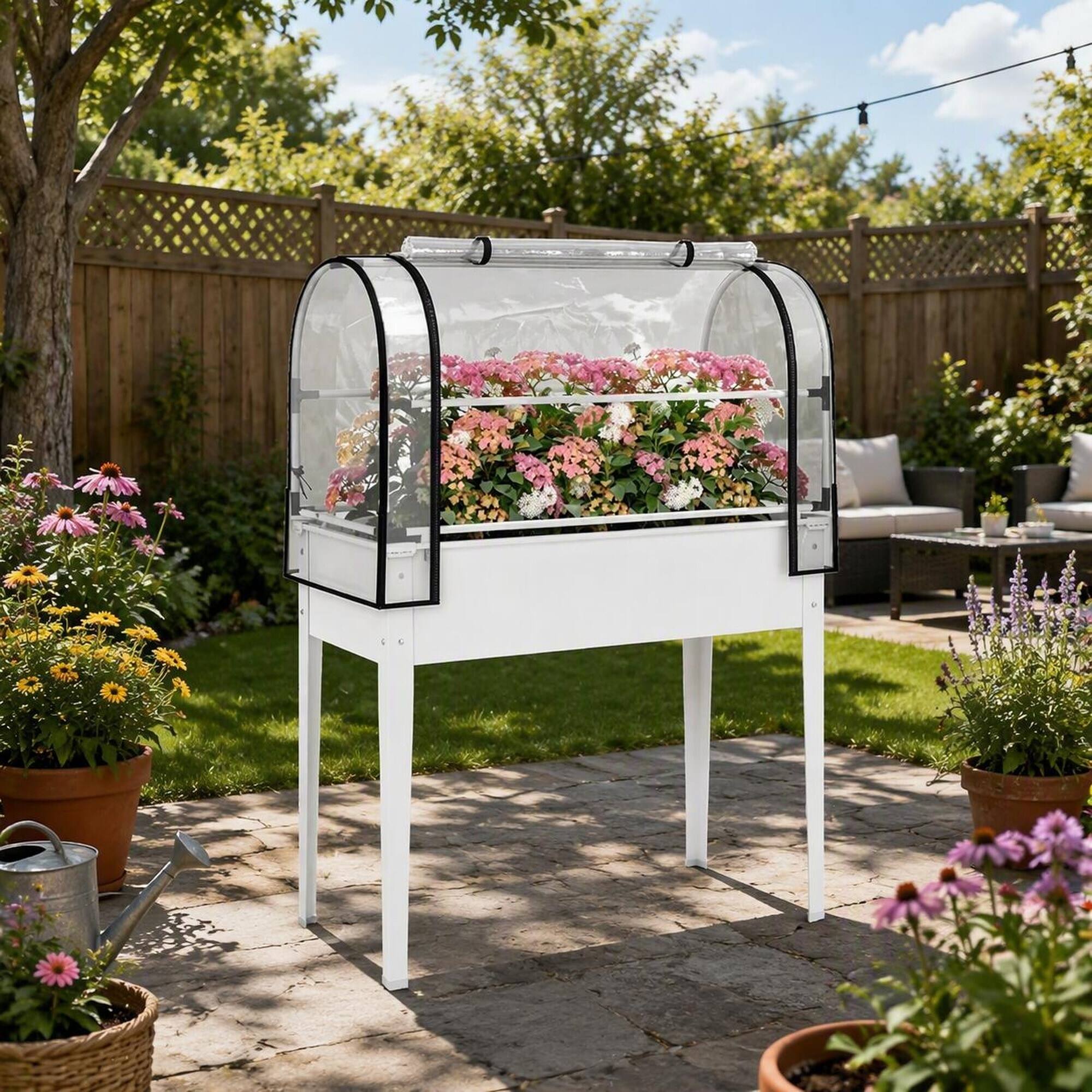 Alt View 2. RYHNUYNE - White Elevated Raised Garden Bed with Mini Greenhouse Cover, 26 Gallon Metal Planter Box on Legs for Outdoor Patio - White.