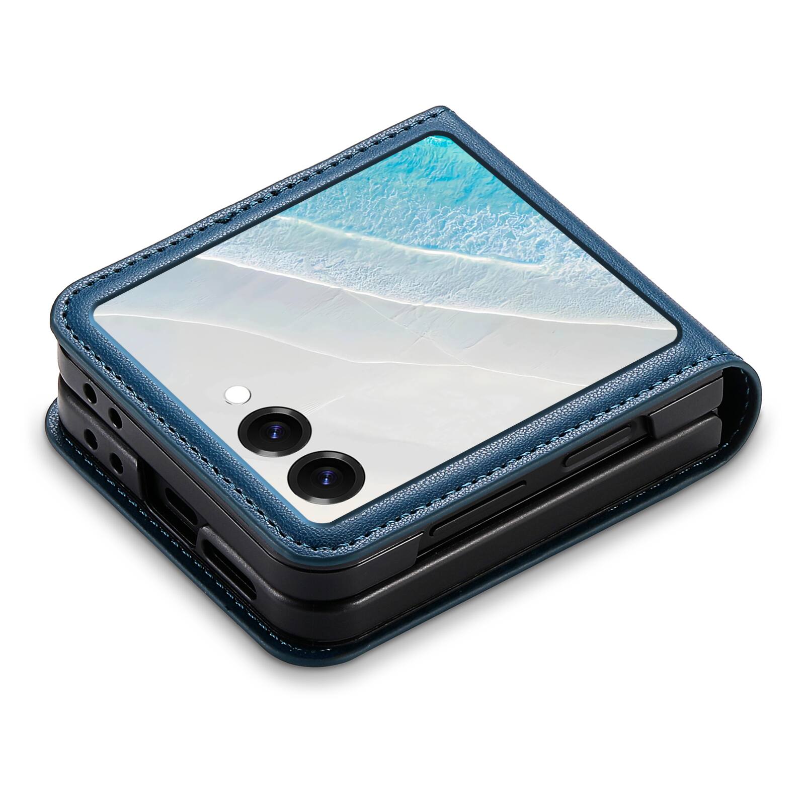 Angle. Dteck - Wallet Case for Samsung Galaxy Z Flip8, Premium Leather Shockproof Slim Cover with Card Slot - Blue.