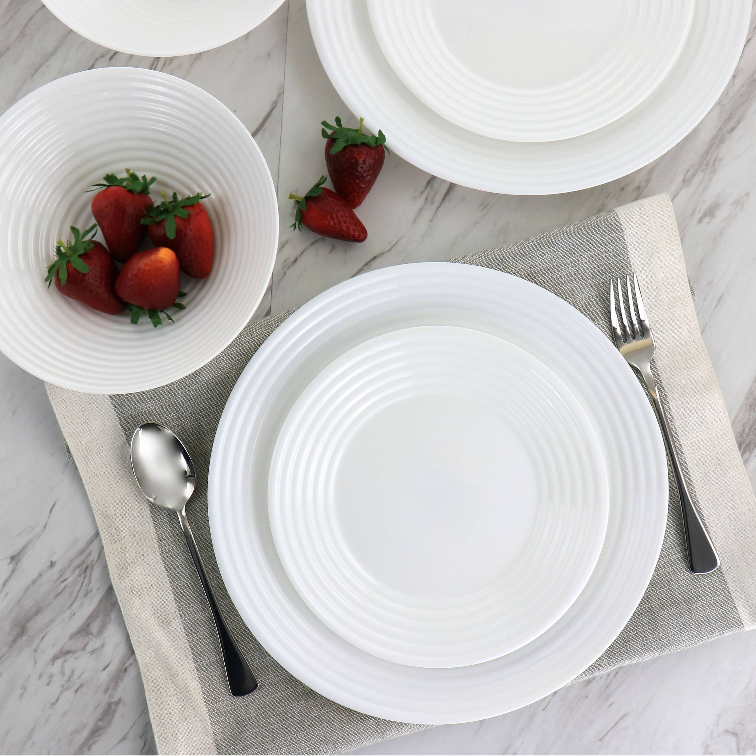 Alt View 6. Gibson - Gibson Ultra Patio 12 Piece Tempered Opal Glass Dinnerware Set in White - White.