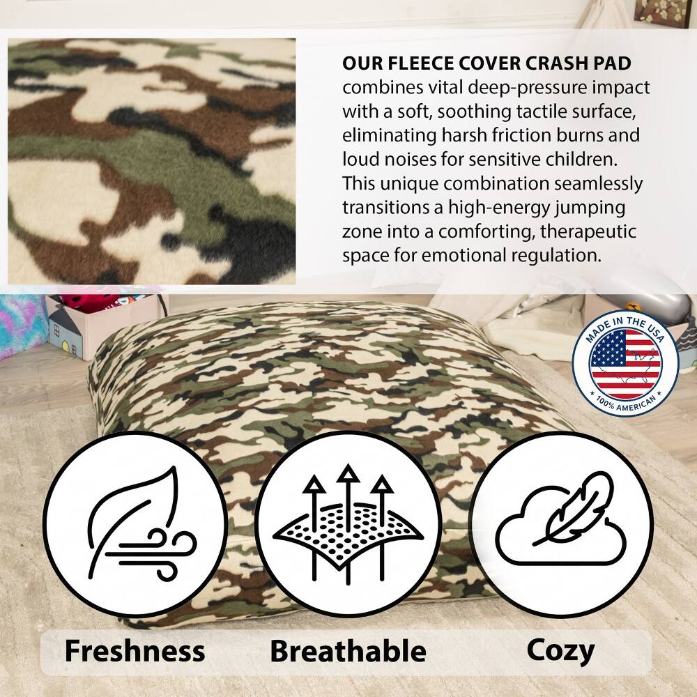 OUR FLEECE COVER CRASH PAD combines vital deep-pressure impact with a soft, soothing tactile surface, eliminating harsh friction burns and loud noises for sensitive children. This unique combination seamlessly transitions a high-energy jumping zone into a comforting, therapeutic space for emotional regulation.

MADE IN THE USA
100% AMERICAN

Freshness Breathable Cozy