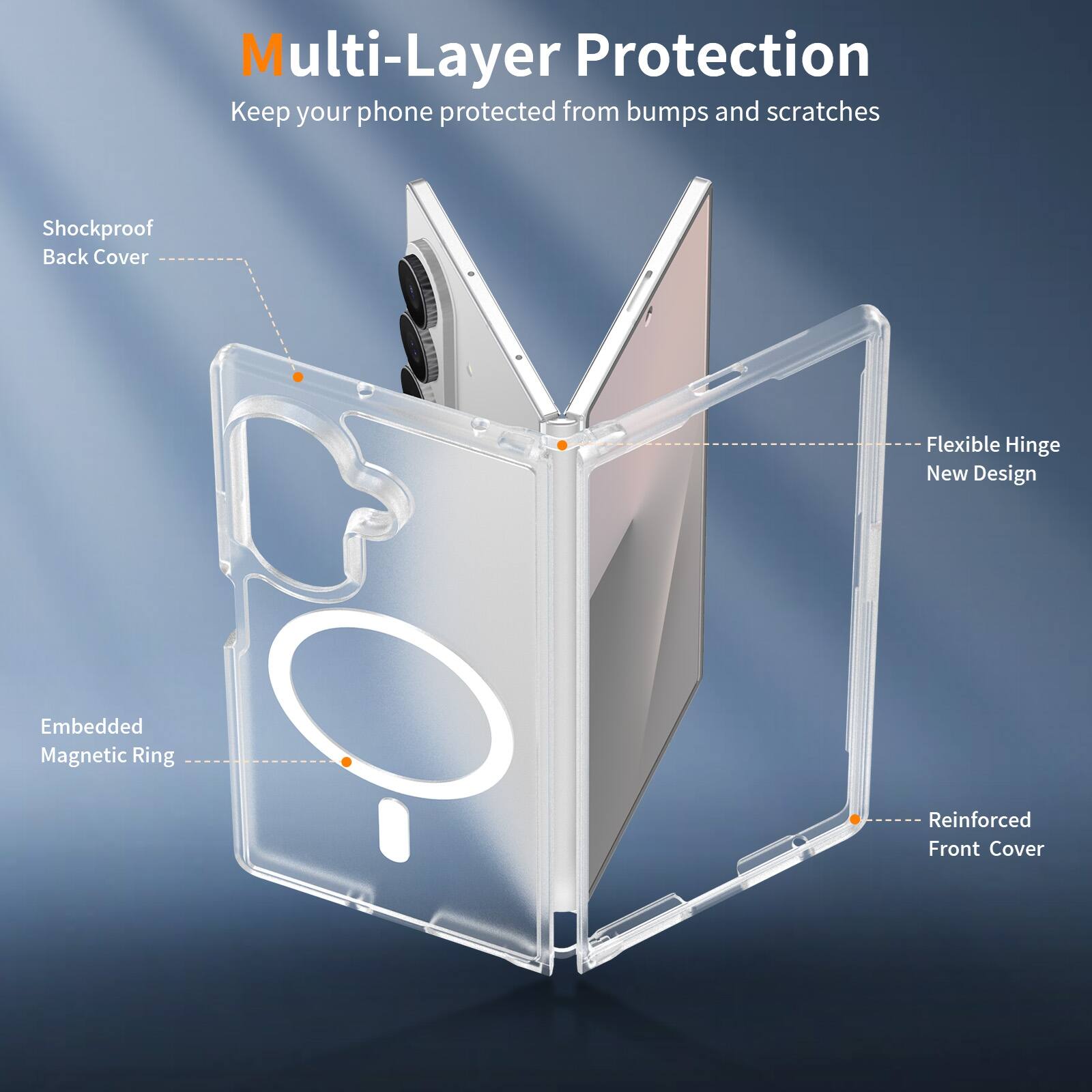Multi-Layer Protection  
Keep your phone protected from bumps and scratches  

- Shockproof Back Cover  
- Flexible Hinge New Design  
- Embedded Magnetic Ring  
- Reinforced Front Cover