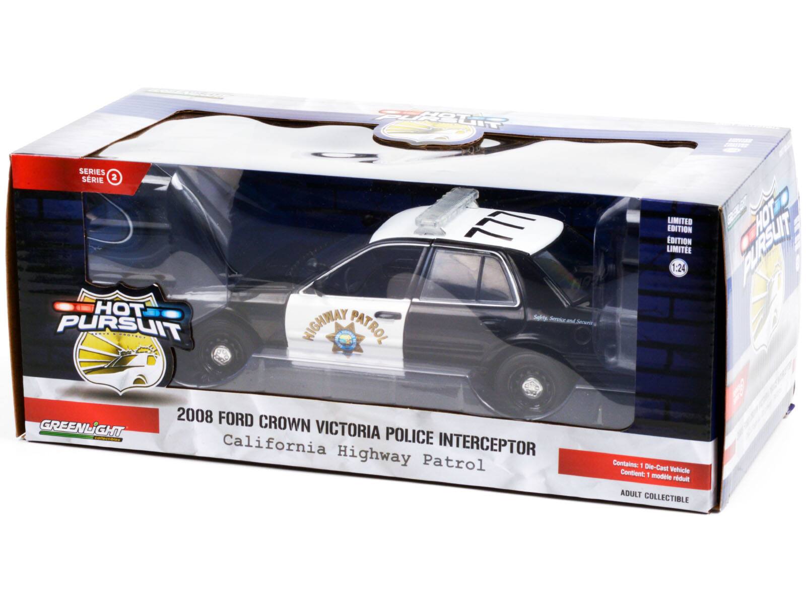 Sure, here is the corrected and grouped text from the image:

---

**HOT PURSUIT**

**SERIES 2**

**2008 FORD CROWN VICTORIA POLICE INTERCEPTOR**

**California Highway Patrol**

**LIMITED EDITION**

**1:24**

**Contains: 1 Die-Cast Vehicle**

**ADULT COLLECTIBLE**

**GREENLIGHT**

**HIGHWAY PATROL**

**777**

**Service and Security**

**Série 2**

**Édition Limitée**

**1:24**

**Contient: 1 modèle réduit**

**Collectible Adulte**

---