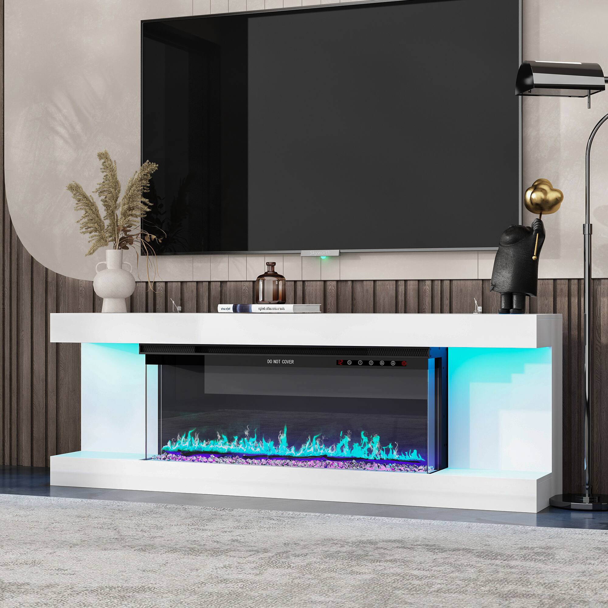 Back. Famapy - Upto 65" TV Stand with Electric Fireplace and LED Lights, Entertainment Center with Storage for Living Room Heating - White & Black.