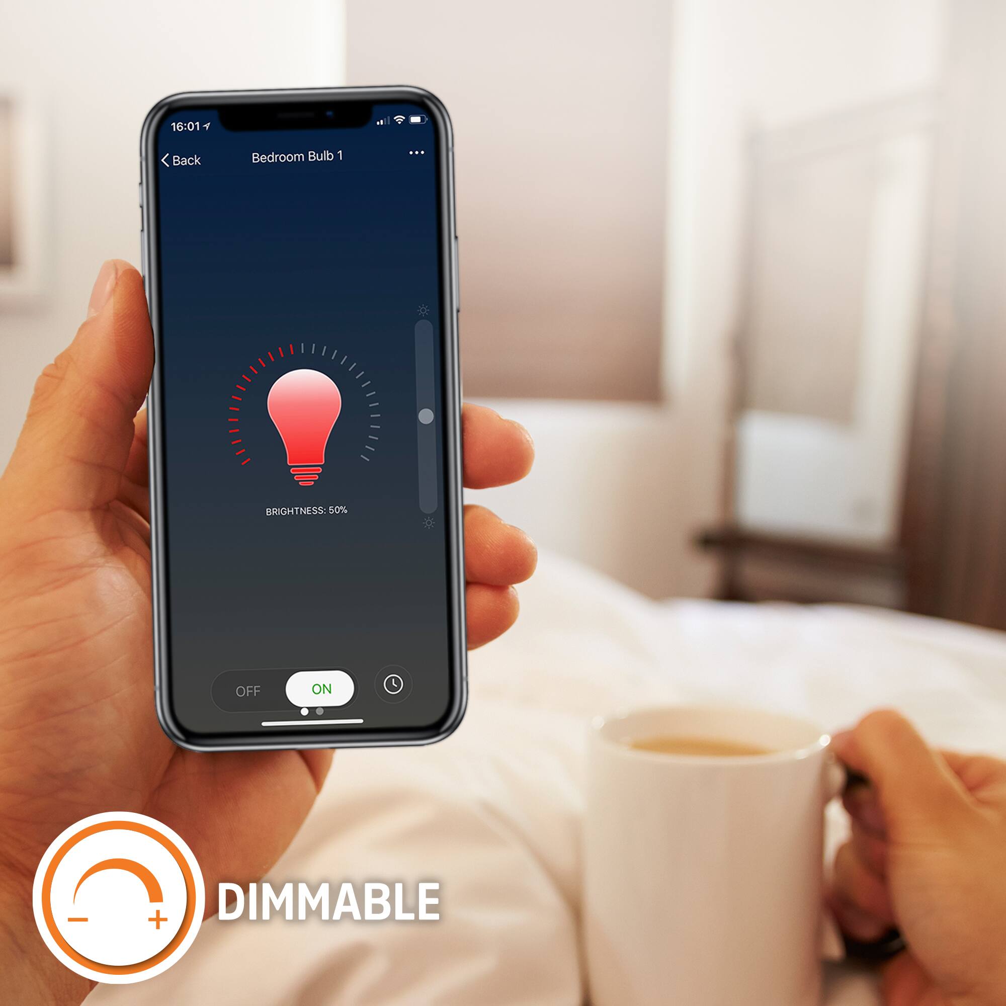 16:01 Back Bedroom Bulb 1: BRIGHTNESS 50% OFF ON L + DIMMABLE