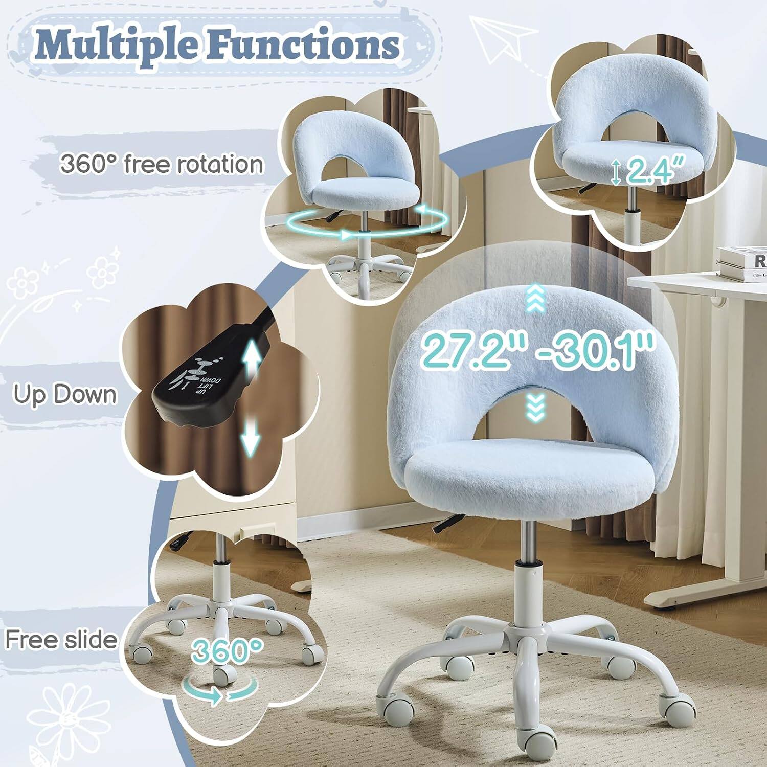 Multiple Functions  
360° free rotation  
2.4"  
Up Down  
27.2" - 30.1"  
Free slide  
360°