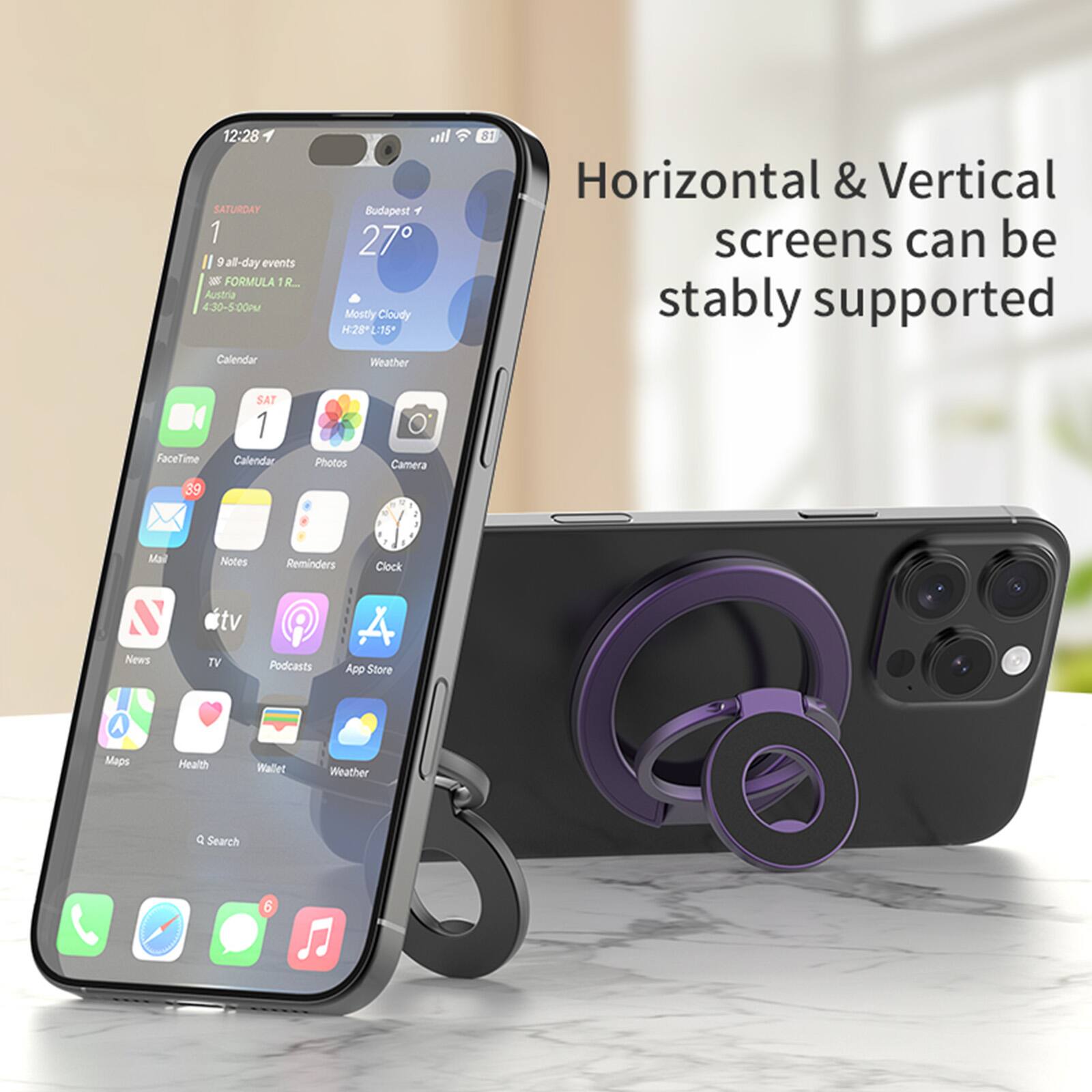 12:28 SATURDAY 1  
9 all-day events  
- FORMULA 1 R Austria 4:30-5:00PM  

Budapest 27°  
Mostly Cloudy  
H28 L15°  

Weather 81  

Horizontal & Vertical screens can be stably supported  

FaceTime  
Calendar  
Photos  
Camera  
Mail  
Notes  
Reminders  
Clock  
News  
tv  
Podcasts  
App Store  
Maps  
Health  
Wallet  
Weather  

Q Search  

6