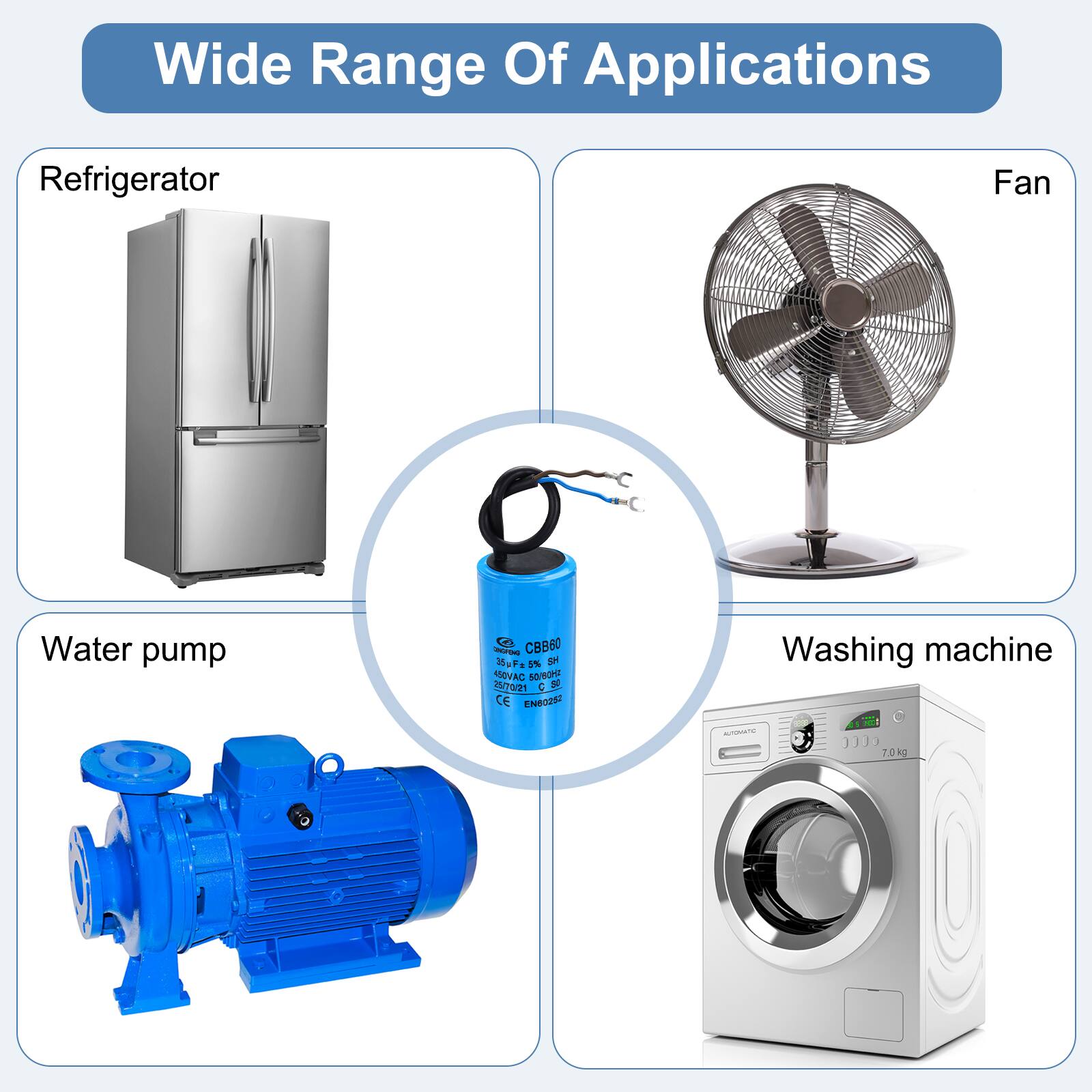 Wide Range Of Applications

- Refrigerator
- Fan
- Water pump
- Washing machine (7.0 kg)

CBB60 3% & NOVAG SOBON 3570/21 CE G CE ENBO2SZ