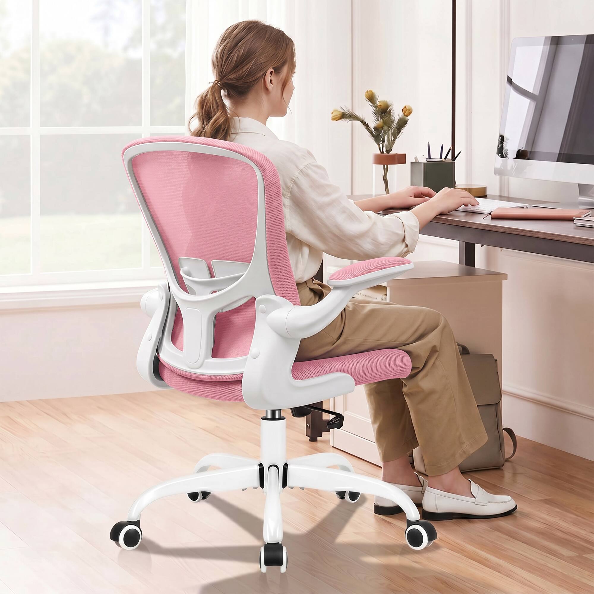 Alt View 4. KERDOM - Mesh Ergonomic Office Chair, Pink Computer Chair, Adjustable Lumbar Support with Flip-up Arms, BIFMA Passed Task Chair - Pink.
