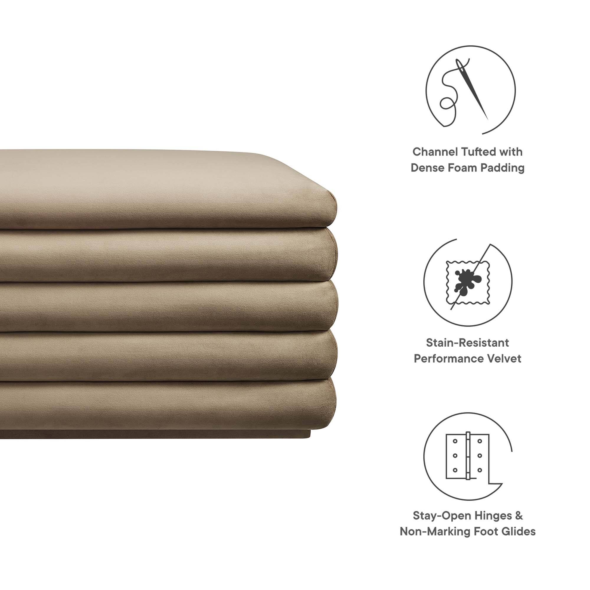 Channel Tufted with Dense Foam Padding  
Stain-Resistant Performance Velvet  
Stay-Open Hinges & Non-Marking Foot Glides