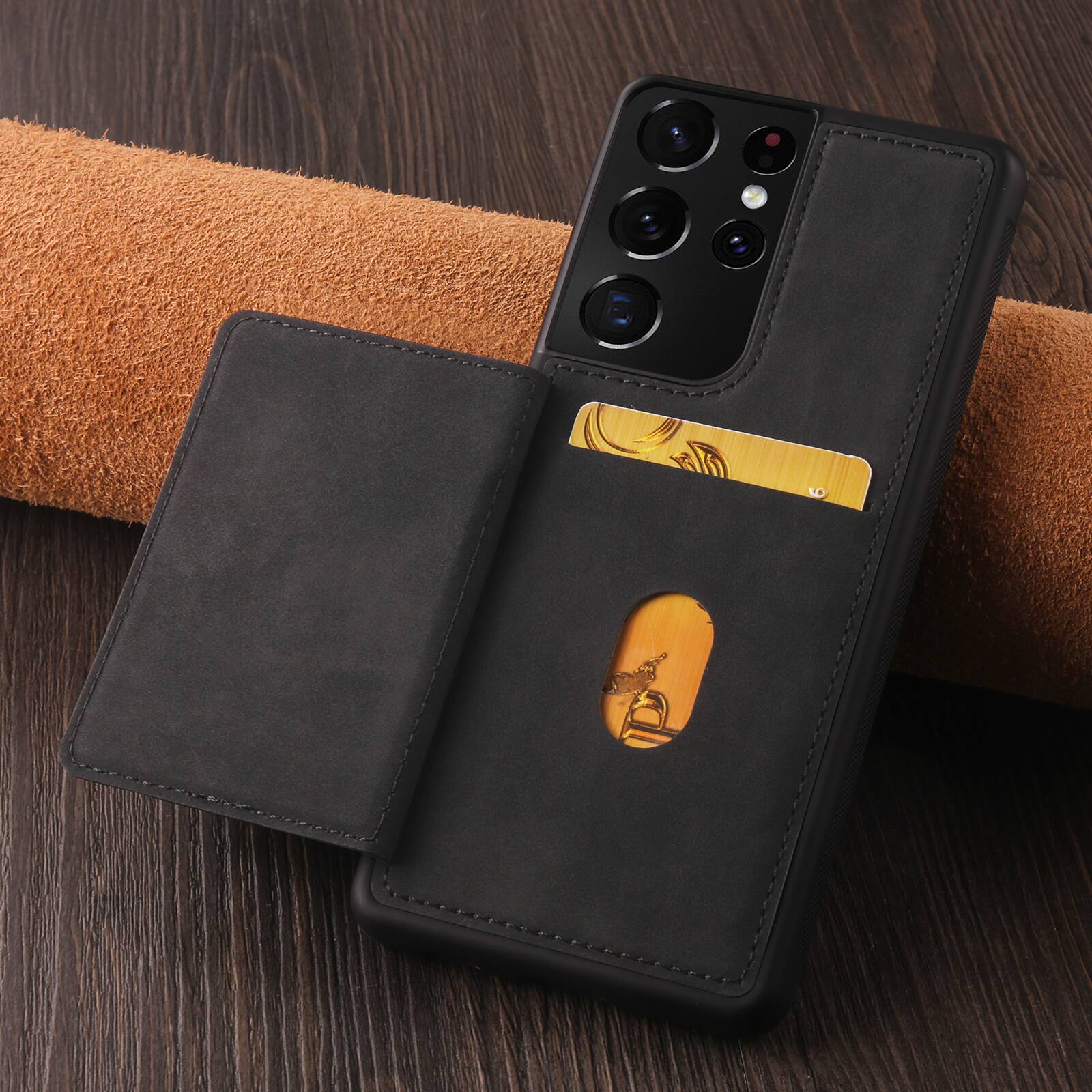 Angle. Dteck - Dteck RFID Blocking Back Wallet Case for Samsung Galaxy S21 Ultra, Shockproof PU Leather Kickstand Rugged Cover - Black.