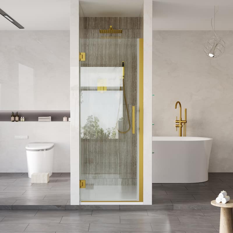 "WELLFOR - 27–28 in. W x 72 in. H Frameless Hinged Shower Door with 3/8"" Clear Tempered Glass, Reversible Opening - Brushed Gold" price history on PriceWatchPro