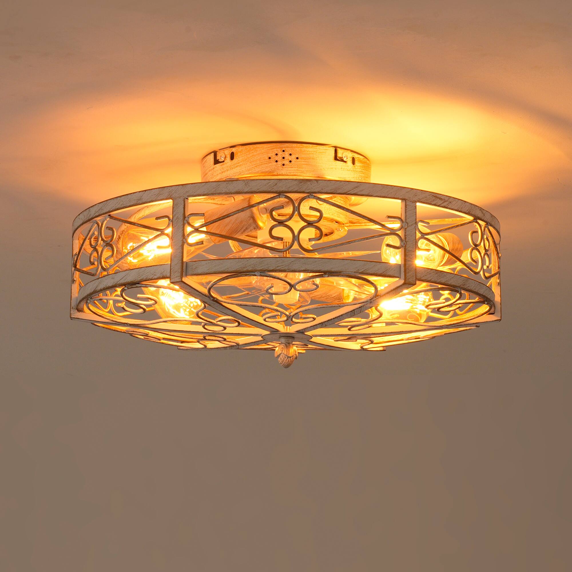 Alt View 4. Sofucor - 20'' Rustic Caged Flush Mount Ceiling Fan w/Lights & Remote Vintage Bladeless Ceiling Fan Reversible Farmhouse Bedroom - Retro White.