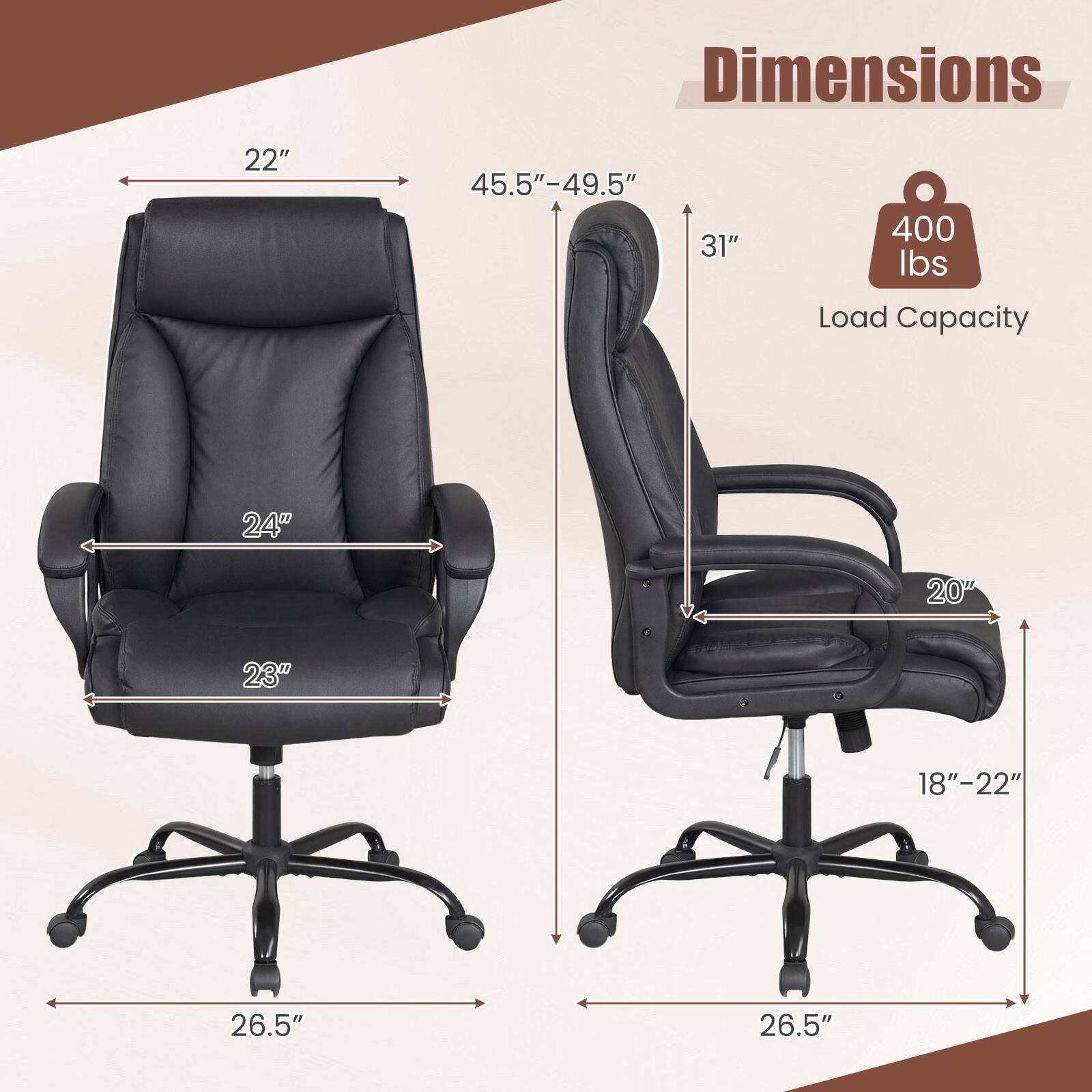 Dimensions:  
- Width: 22"  
- Depth: 45.5" - 49.5"  
- Height: 31"  
- Seat Height: 18" - 22"  
- Seat Depth: 23"  
- Armrest Height: 24"  
- Base Width: 26.5"  

Load Capacity: 400 lbs
