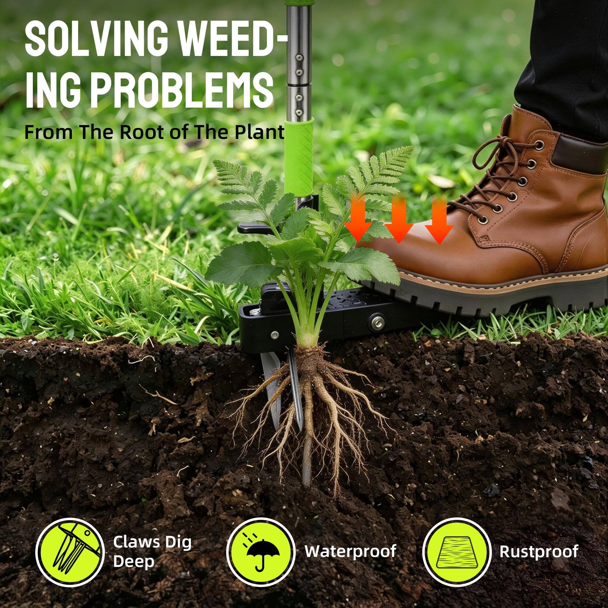 SOLVING WEEDING PROBLEMS  
From The Root of The Plant  

Claws Dig Deep  
Waterproof  
Rustproof