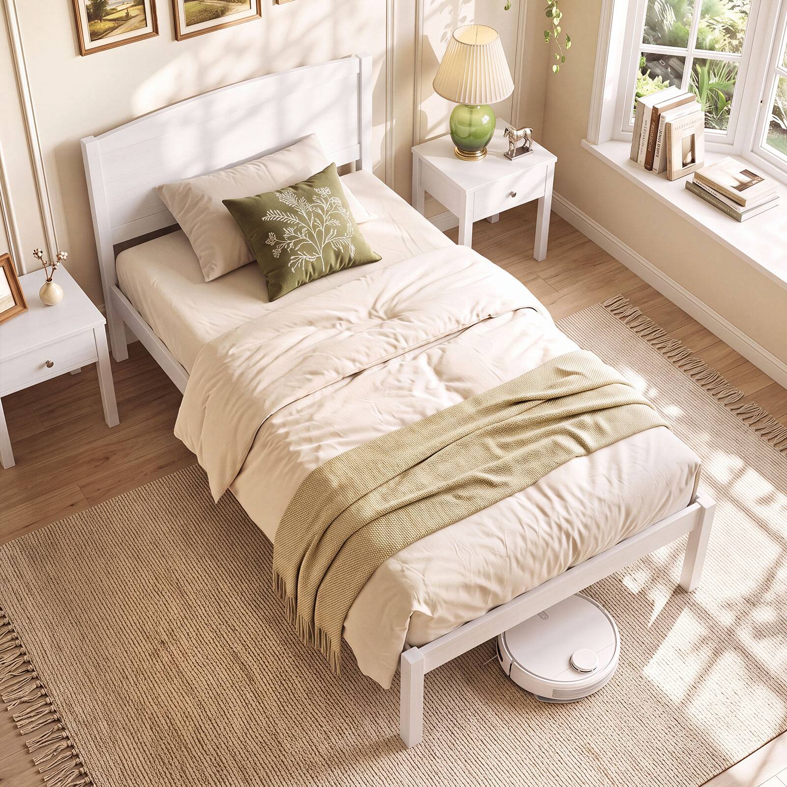 Alt View 3. Gymax - Gymax Twin Size Wooden Platform Bed Frame w/Curved Headboard Solid Pine Wood Legs White - White.