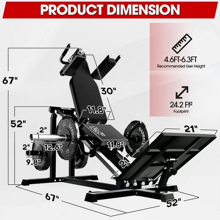PRODUCT DIMENSION: 4.6FT-6.3FT Recommended User Height, 24.2 Ft2 Footprint, 67", 52", 30", 11.8", 21", 12.6", 12.8", 9.8", 2"