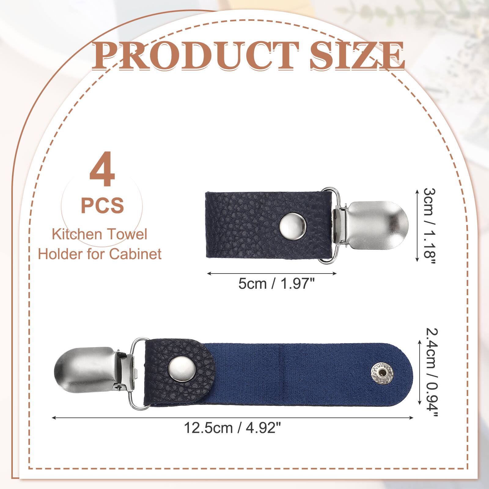 PRODUCT SIZE

4 PCS Kitchen Towel Holder for Cabinet

5cm / 1.97"  
3cm / 1.18"  
18"  
12.5cm / 4.92"  
2.4cm / 0.94"