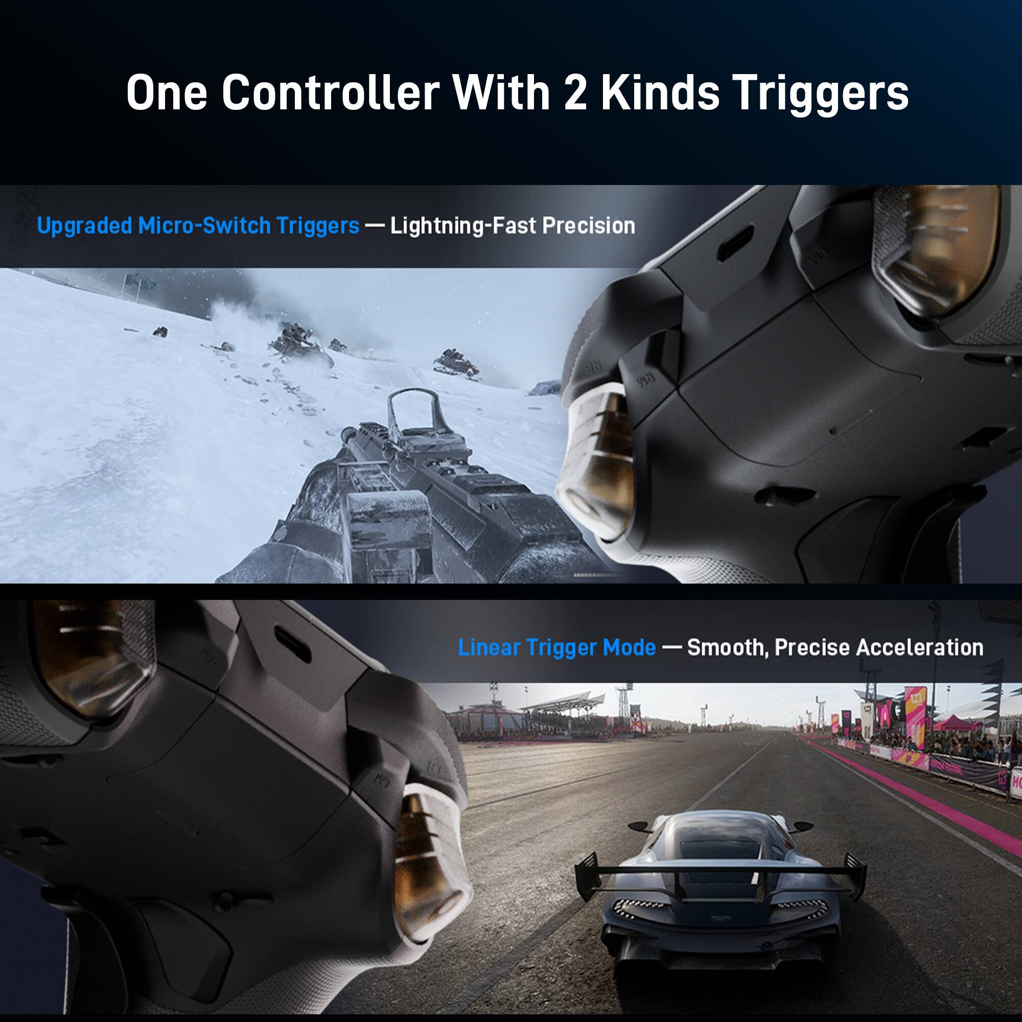 One Controller With 2 Kinds Triggers

Upgraded Micro-Switch Triggers — Lightning-Fast Precision

Linear Trigger Mode — Smooth, Precise Acceleration