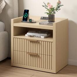 Furnulem - Modern Nightstand With Charging Station2drawer And 1 Shelf - Gold