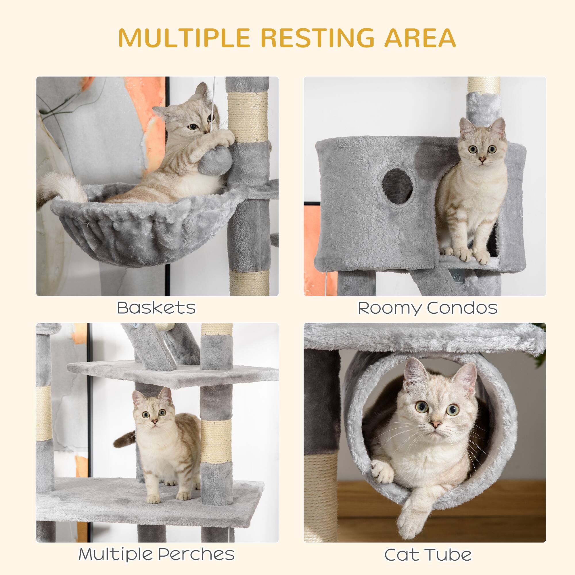 MULTIPLE RESTING AREA

- Baskets
- Roomy Condos
- Multiple Perches
- Cat Tube
