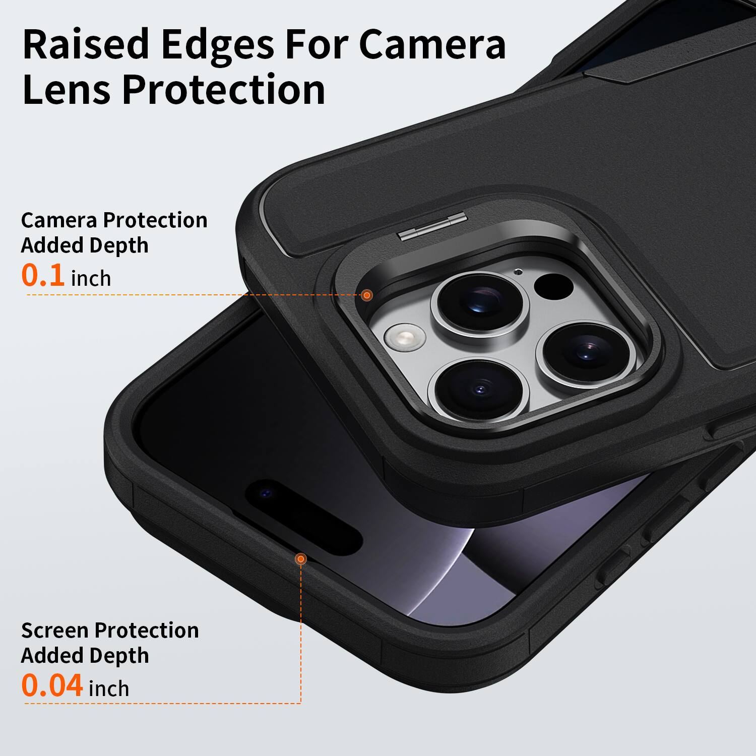 Raised Edges For Camera Lens Protection

Camera Protection Added Depth 0.1 inch

Screen Protection Added Depth 0.04 inch