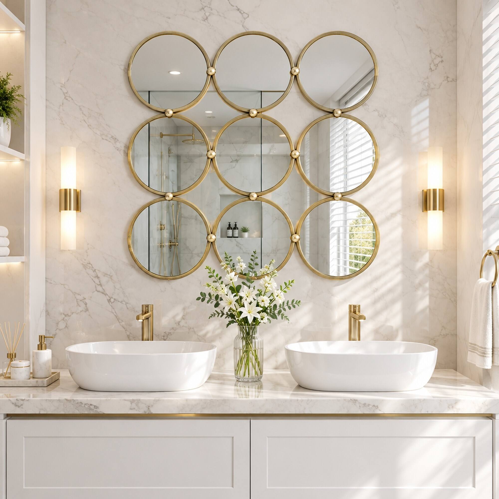 Back. RYHNUYNE - 27.2 in Square Decorative Wall Mirror, 9 Ring Metal Frame, Mid-Century Style, Iron and MDF - Champagne.