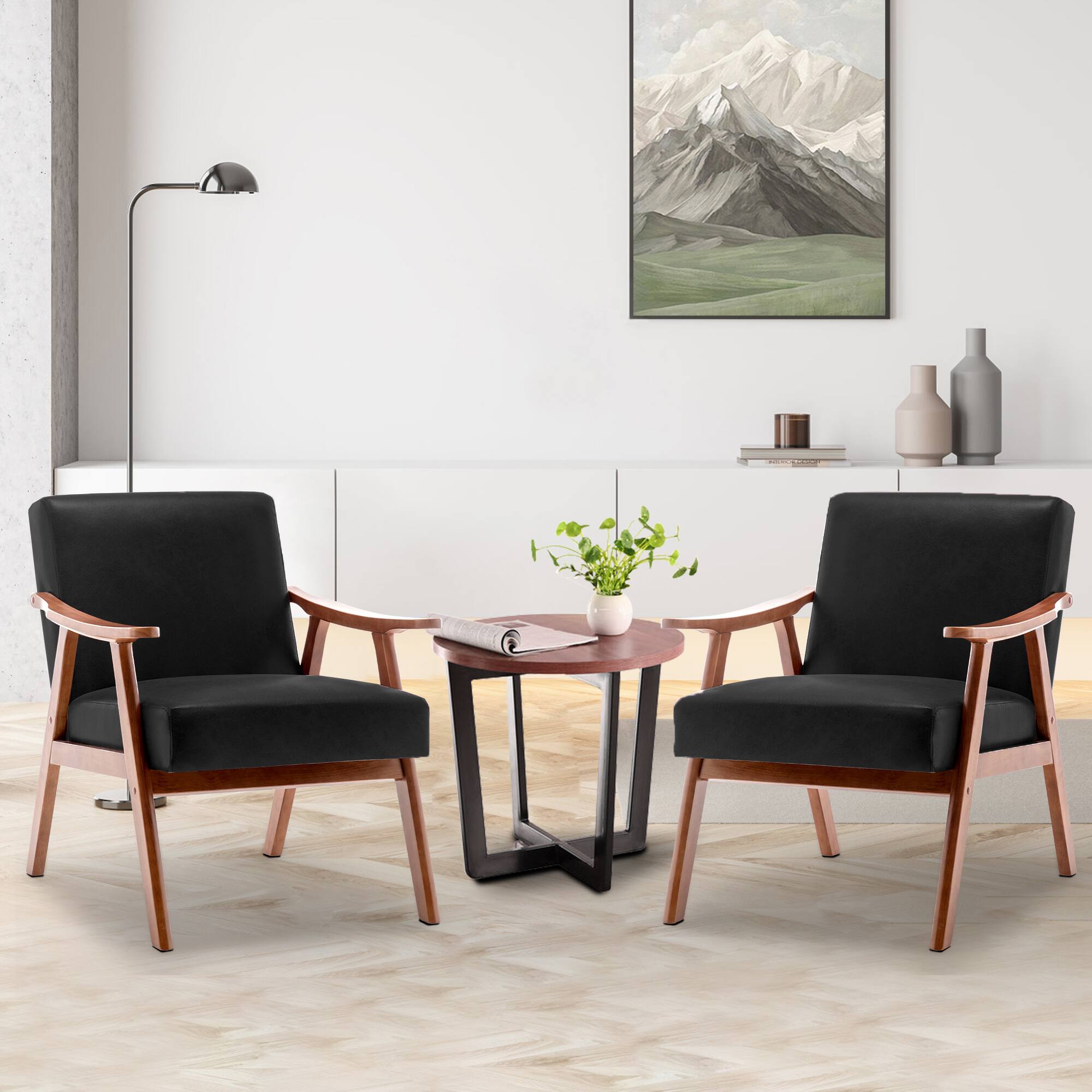 Alt View 4. Trinkets Crazed - Accent Chair Mid Century Modern Armchair with Wood Legs Upholstered Lounge Chairs Comfy Cushion for Living Room Bedroom - Black PU.