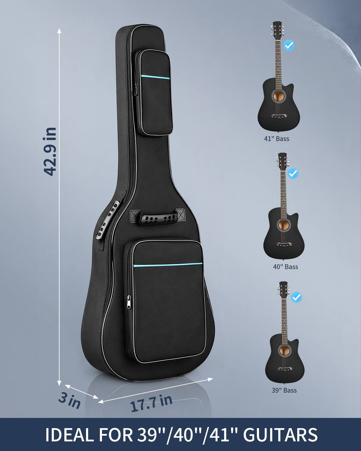 in 42.9" 41" Bass DOP 40" Bass 39" Bass 3 in 17.7 in IDEAL FOR 39"/40"/41" GUITARS