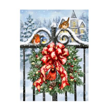 Front. Trademark Fine Art - MAKIKO Christmas Gate With Wreath Canvas Art - 18x24 - Multicolor.