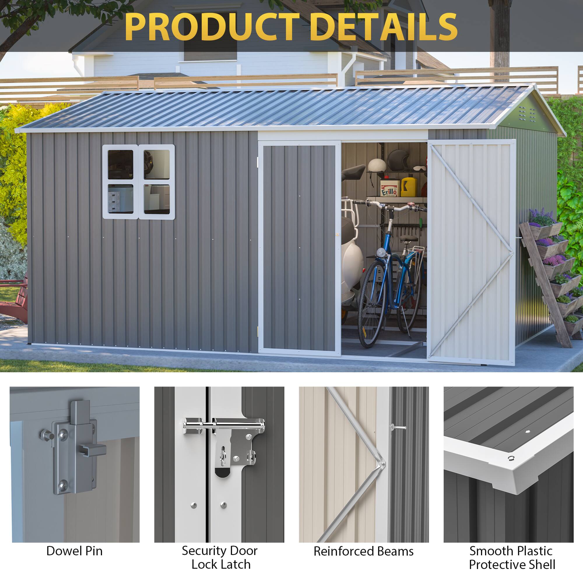 Back. Lirago - 12x10 FT Outdoor Storage Shed All-Weather Metal Shed with Lockable Doors - Gray.