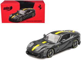Ferrari 812 Competizione Grigio Competizione with Yellow Stripe 1/64 Diecast Model Car by BBR - Gray Metallic