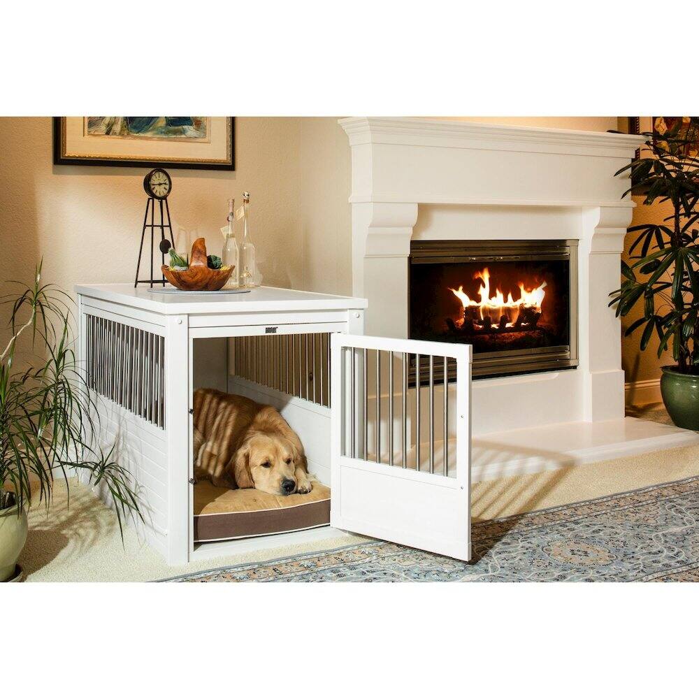 Angle. New Age Pet - ECOFLEX Dog Crate End Table - Antique White X-Large.