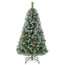WELLFOR - 5 ft Prelit Snow‑Dusted Artificial Hinged Christmas Tree with Warm White Lights,450 Full PVC Branch Tips, Pine Cones - Green & White