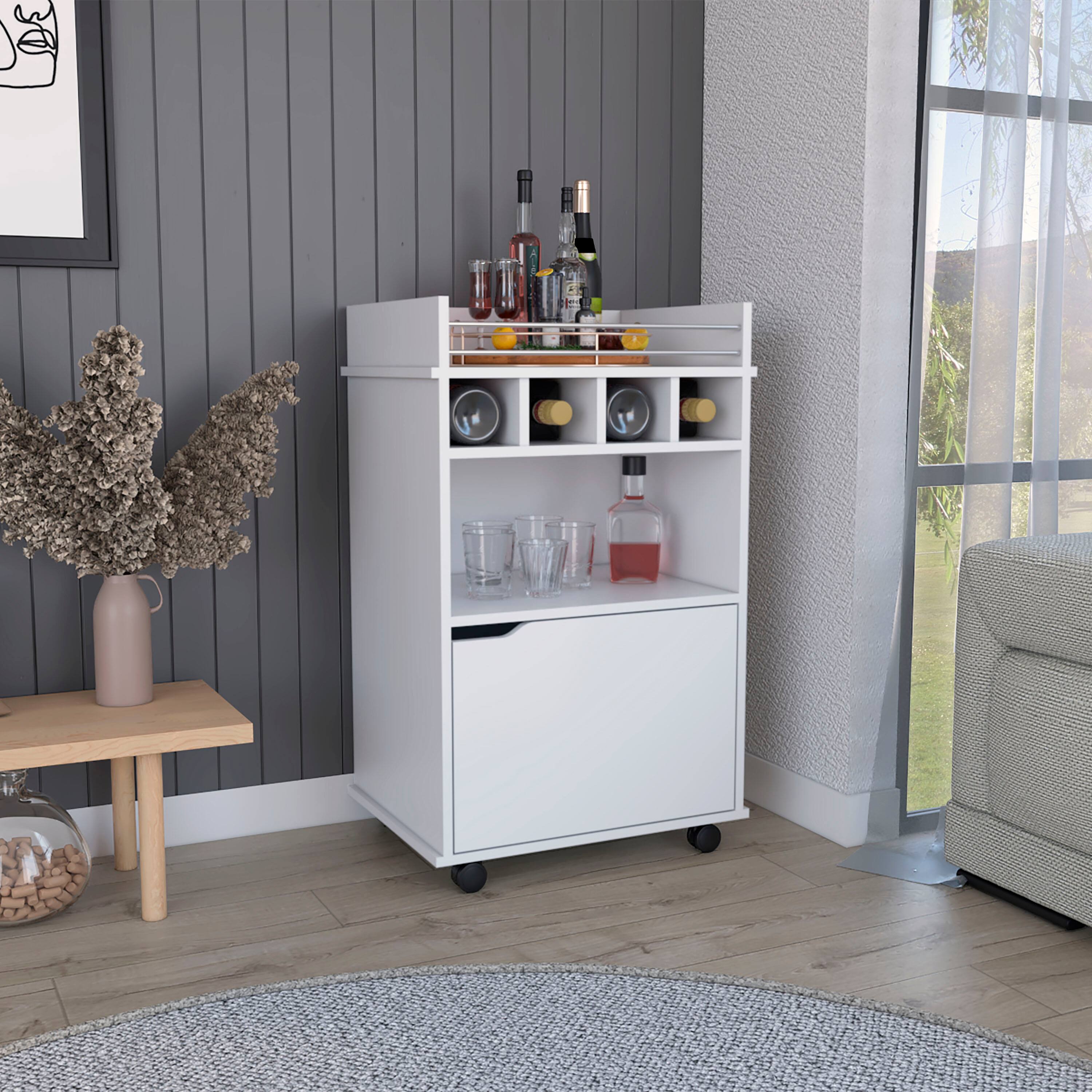 Angle. TuHome - Phoenix Bar Cart with 2 Open Shelves, 4 Wine Cubbies And a Cabinet, Living Room or Bar Room - White.