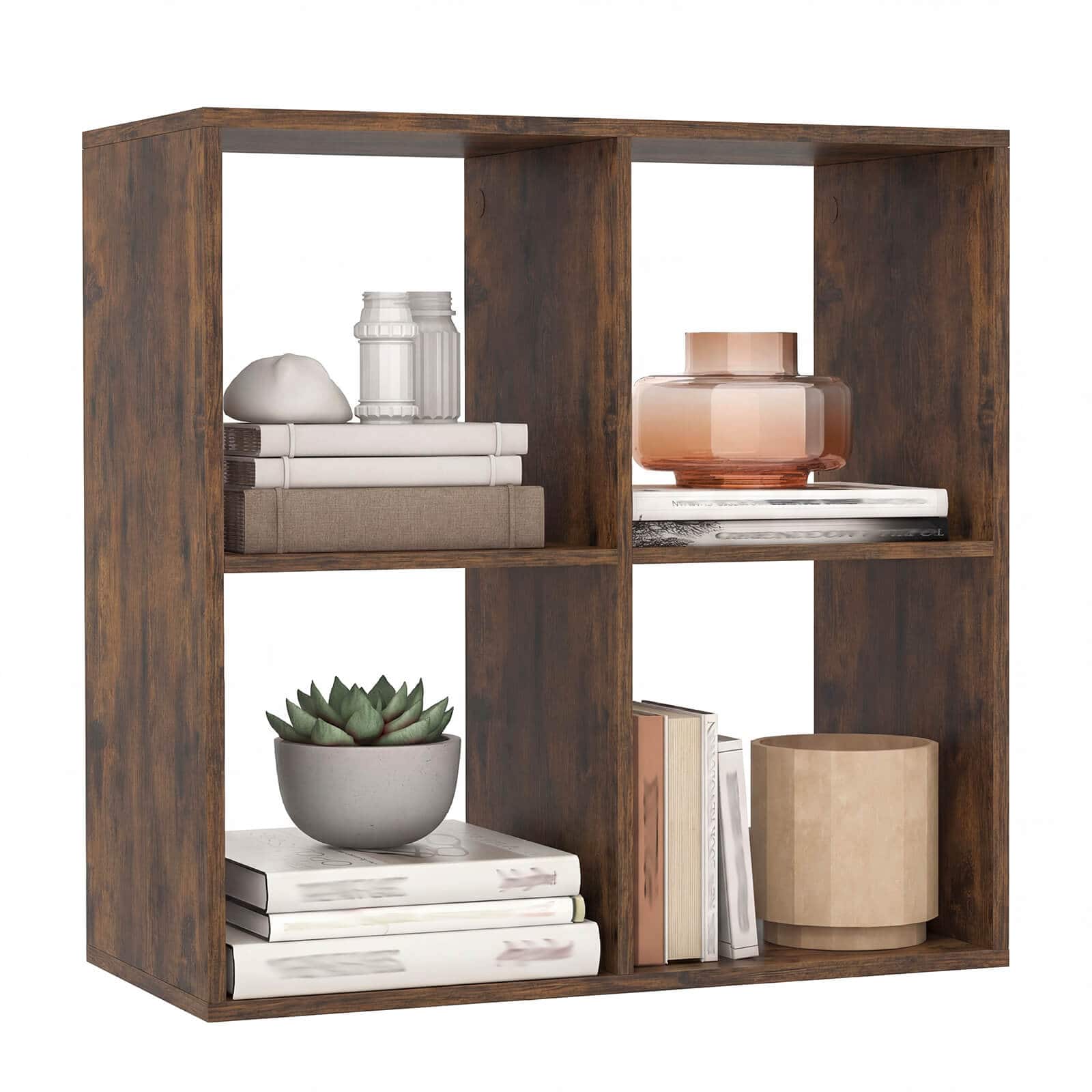 Costway - 4-Cube Bookshelf, Modern Cubby Bookcase with Back Guardrail & Anti-tipping Kits - Brown