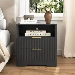 Loheer - Nightstand with Charging Station and Storage Cabinet - Black